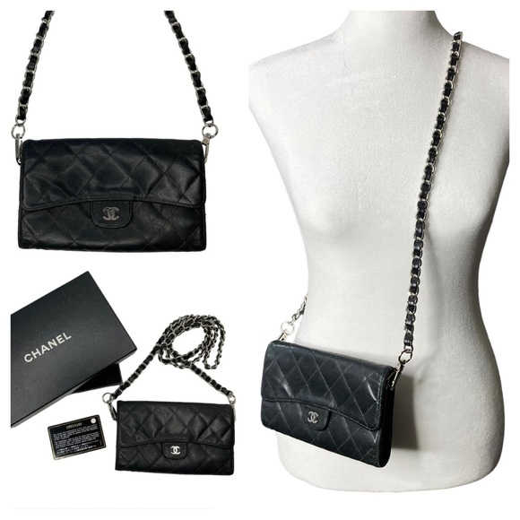 CHANEL Handbags - Authentic CHANEL Black Quilted Classic Flap Lambskin Leather Wallet On a Chain